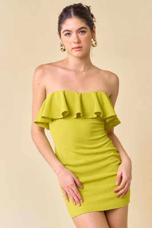 Lime Strapless Ruffle Bodycon Mini Dress Chic Mini Dress with V-Neck