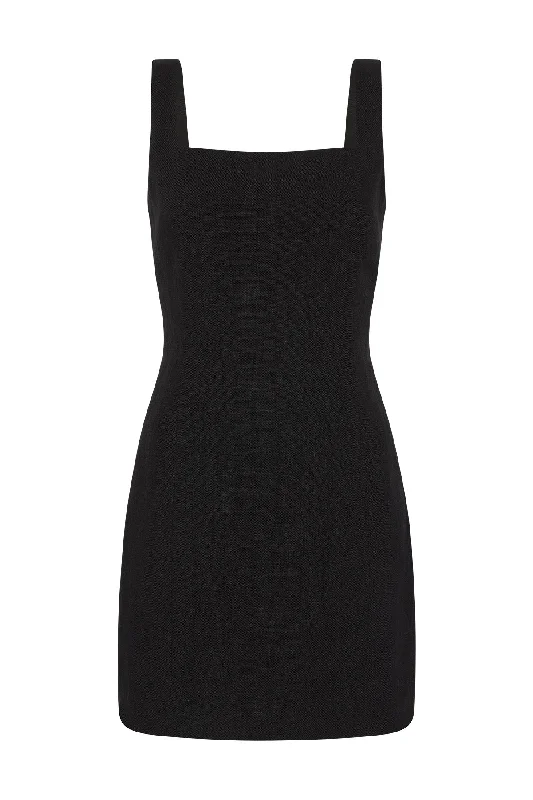 Linen Square Neck Mini Dress - Black Classic Solid Mini Dress