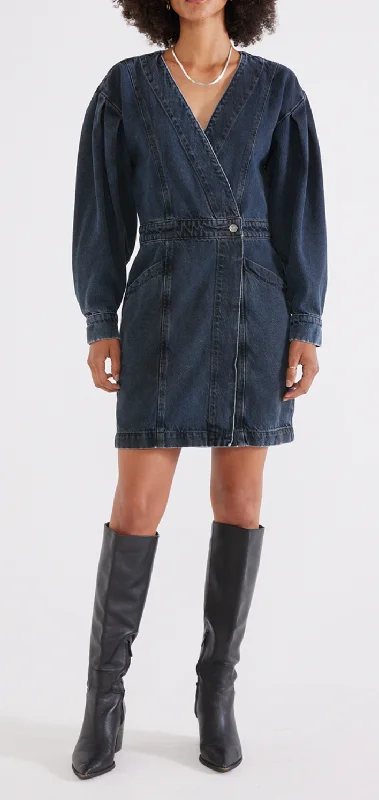 Mira Dark Wash Denim Wrap Mini Dress ***Final Sale*** Stylish Floral Print Mini Dress