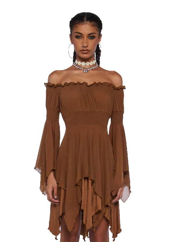 Musical Odyssey Mini Dress - Brown Comfortable Smocked Mini Dress