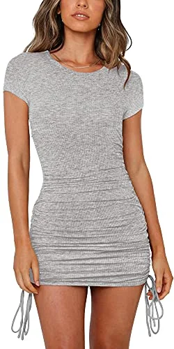 NENONA Women's Short Sleeve Summer Ruched Bodycon Mini Dress Side Drawstring Clubwear Casual Dresses Trendy Cut-Out Mini Dress