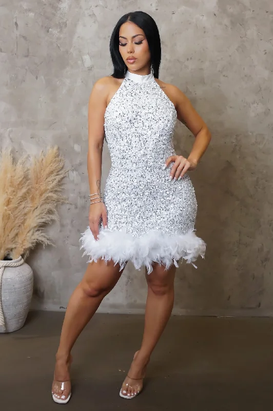 Niari Sequin Feather Hem Mini Dress White Chic Mini Dress with V-Neck