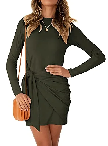 omen's Casual Elegant Crewneck Long Sleeve Solid Tie Waist Mini Dress Dress Short Dress Comfortable Smocked Mini Dress