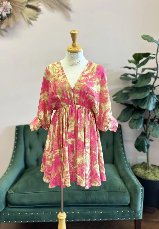 Pink Wrap V-Neck Waist Elastic Printed Mini Dress Casual Mini Dress with Pockets