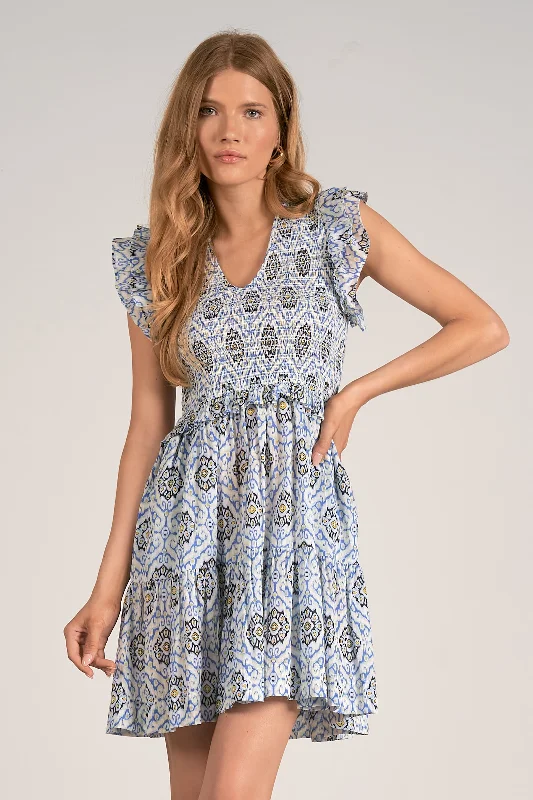 Ruffle Sleeve V-Neck Smocked Mini Dress - Blue Ikat Classic Floral Mini Dress