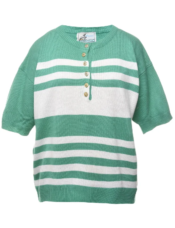 Striped Turquoise Jumper - L Cashmere Blend Cotton Blend Poly Blend