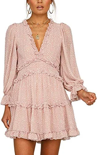 SUPERSUN Bohemian Ruffled Floral Print Mini Dress Long Sleeve V Neck Backless Boho Dresses Women for Casual Party Wedding Comfortable Wrap Mini Dress