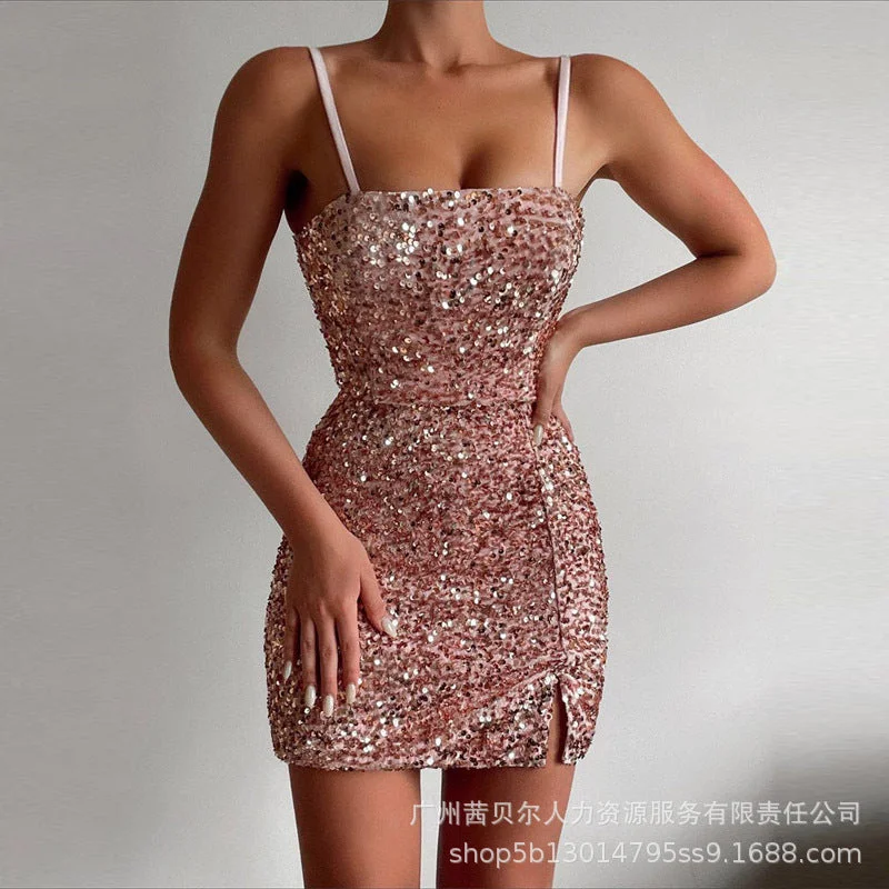 Suspender Sequined Mini dress Comfortable Fit-and-Flare Mini Dress