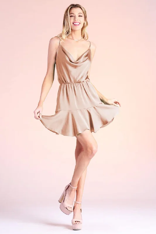 Tan Colored Silky Satin Cowl Neck Cami Mini Dress Cozy Satin Mini Dress