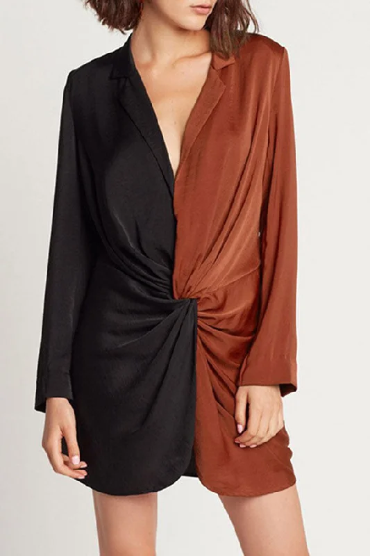 Two Tones V-neck Twist Mini Dress Elegant Lace-Up Mini Dress