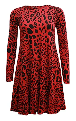 Women's Long Sleeve Scoop Neck Flared Red Leopard Print Skater Swing Mini Dress. UK 26-Aug Comfortable Casual Mini Dress