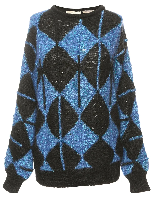 Beaded Black Jumper - M Print Jacquard Patchwork