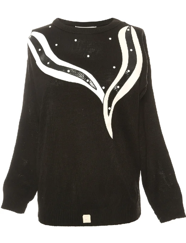 Beaded Black Jumper - S Ribbed Striped Patterned