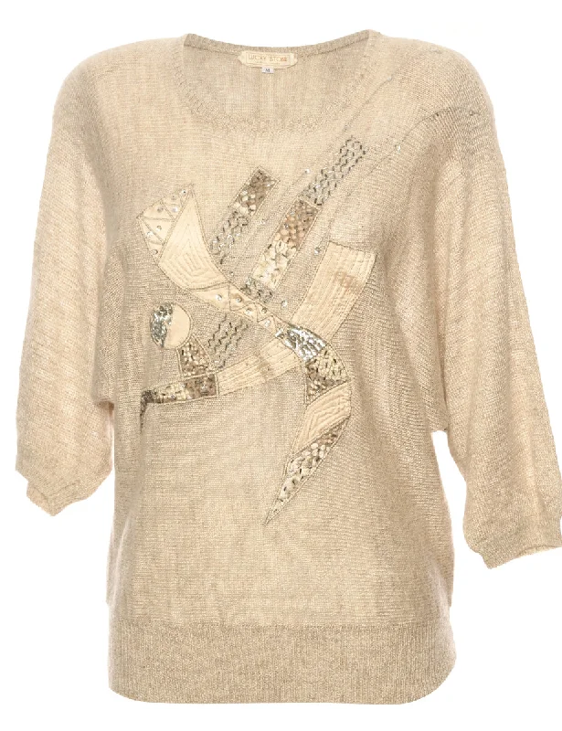Beaded Cream Jumper - L Elasticated Padded Insulated