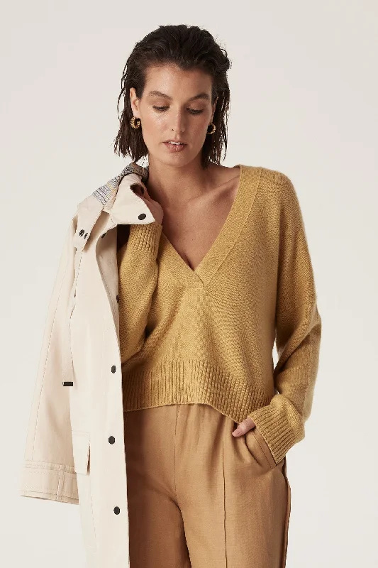 Cashwool V Neck Jumper - Gold Solid Color Striped Floral Print