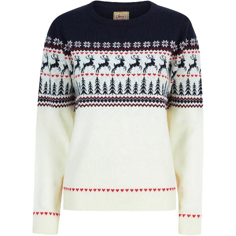 Christmas Reindeer Heart Nordic Fairisle Womens Jumper - Cream Fleece Fabric Down Fabric Feather Fabric