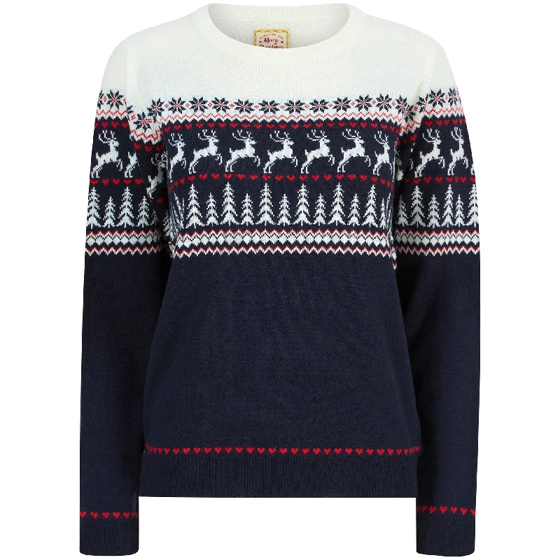 Christmas Reindeer Heart Nordic Fairisle Womens Jumper - Navy Faux Fur Fabric Real Fur Fabric Shearling Fabric