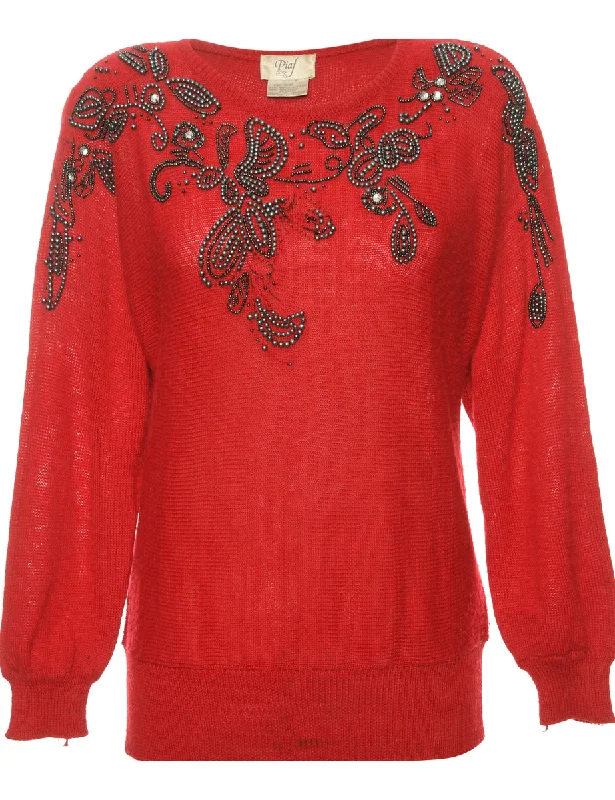 Embellished Red 1980s Jumper - S Cotton Fabric Linen Fabric Terry Fabric
