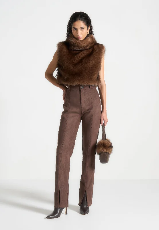 Fur High Neck Jumper with Ties - Brown Stretchy Elastic Breathable
