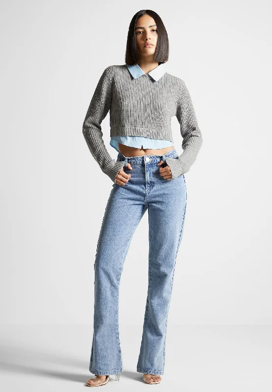 Knitted Jumper with Shirt Detail - Blue/Grey Silk Blend Satin Velvet