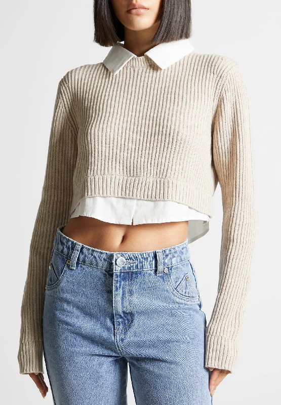 Knitted Jumper with Shirt Detail - White/Beige Fleece Sweater Nylon Polyester
