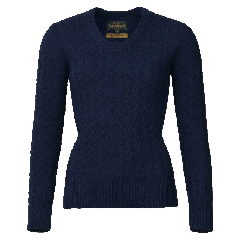 Laksen Burleigh Cable Knit Lambswool Ladies Crew Neck Jumper - Navy Silk Blend Satin Velvet