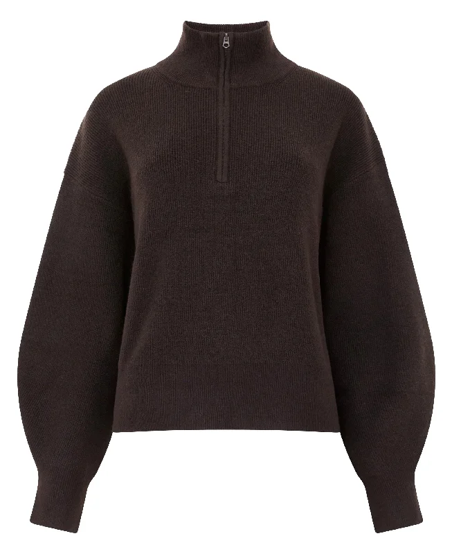 Lightweight Vhari Half Zip Jumper - Chocolate Ganache Real Fur Shearling Chenille