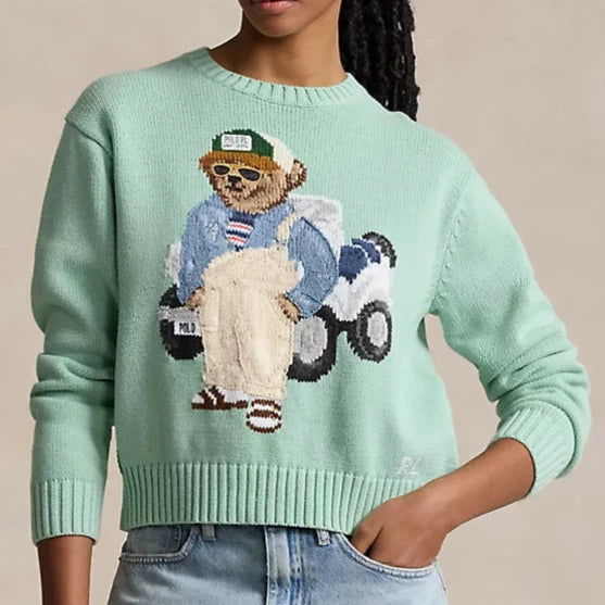 Luxury  Knitted Bear Crewneck Jumper Satin Fabric Silk Fabric Chiffon Fabric