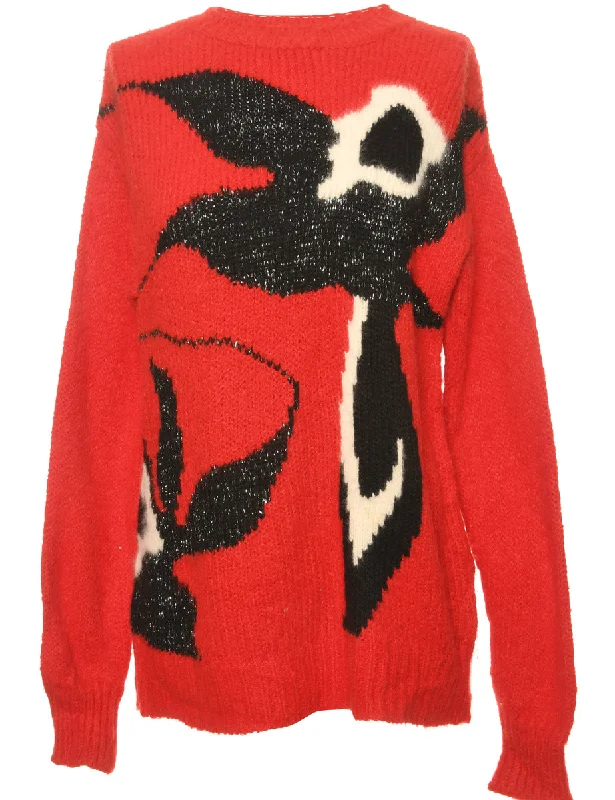 Patterned Red Jumper - M Notch Collar Peter Pan Collar Cowl Neck