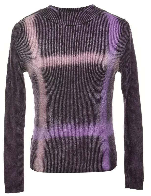 Purple Jumper - M Solid Color Striped Floral Print
