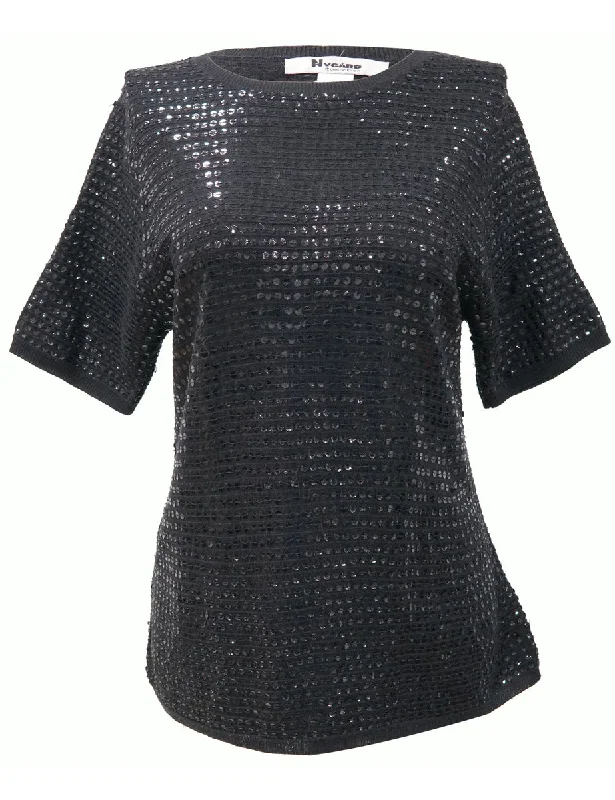 Sequined Black Jumper - M Beaded Sweater Sequined Faux Fur