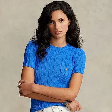 Striped Cable Short-Sleeve JUMPER  For Women Denim Fabric Leather Fabric Suede Fabric