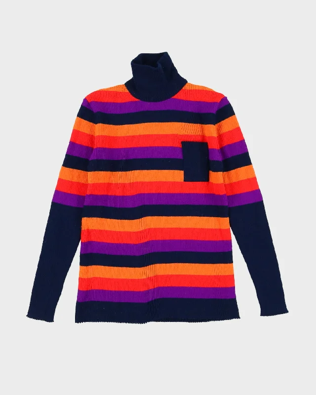 Vintage 1970s Blue Striped Roll Neck Jumper - XS Wool Fabric Cashmere Fabric Tweed Fabric