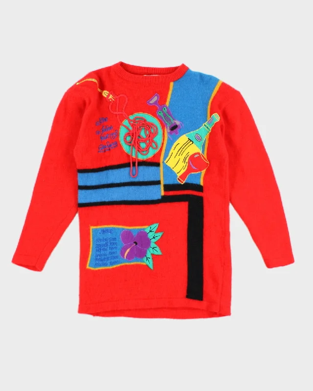 Vintage Snowman 3D 'An Italian Table 1993' Wool Blend Jumper - M Print Jacquard Patchwork