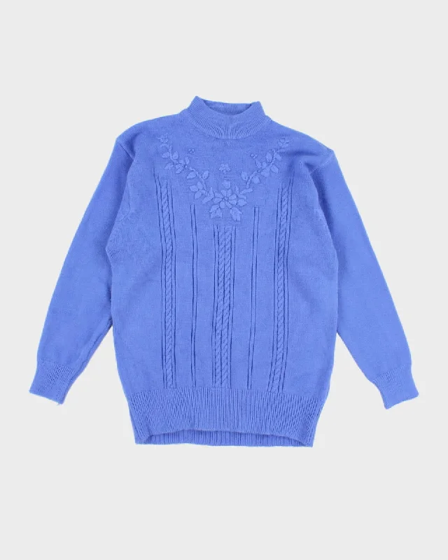 Women's Vintage Blue Knit Jumper - S Plaid Sweater Polka Dot Checkered