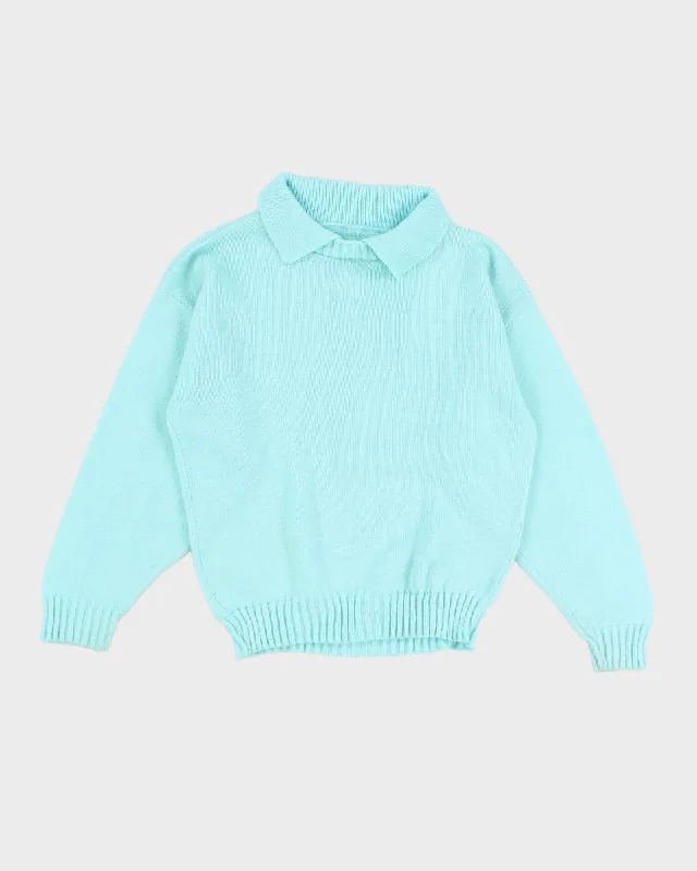 Women's Vintage Blue Knit Jumper - S Front Pockets Side Pockets Patch Pockets