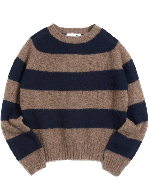 YMC Jets Stripe Crew Knit Jumper Navy Stripe Fitted Slim Tailored