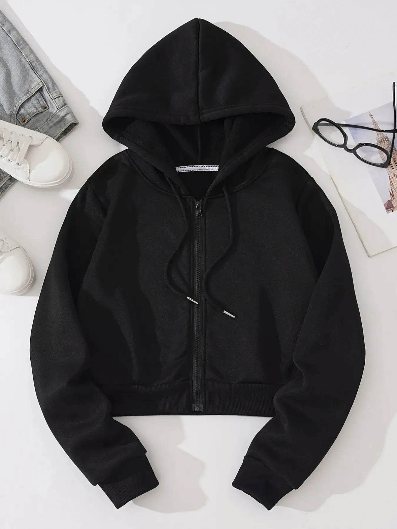 1101 women's short hooded zipper sweatshirt Hoodie with Ribbed Hem Stretchable Secure