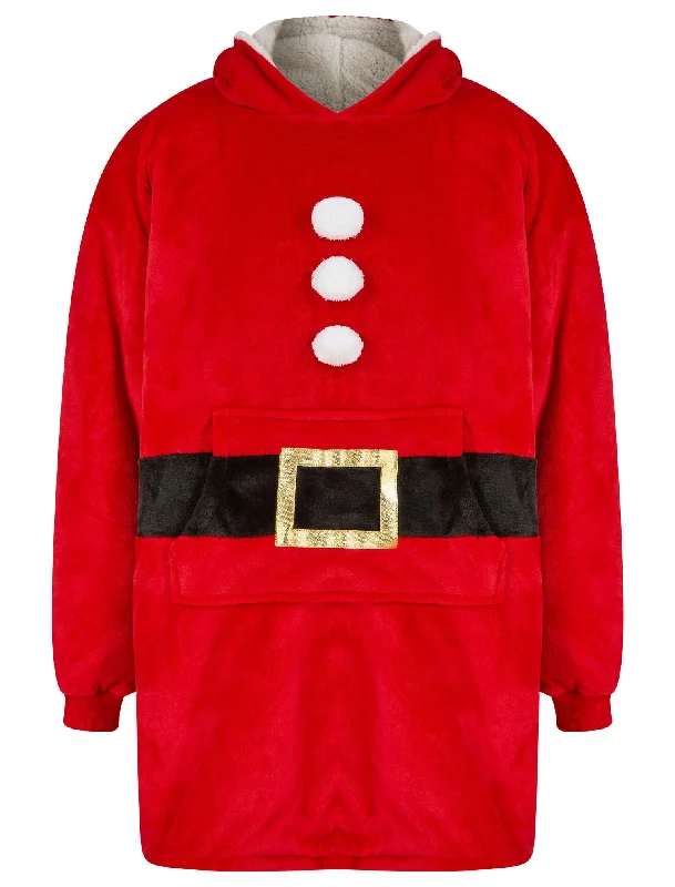 Adult Claus Novelty Soft Fleece Borg Lined Oversized Hooded Blanket with Pocket in Red  - Merry Christmas Hoodie with Rhinestones Sparkly Elegant