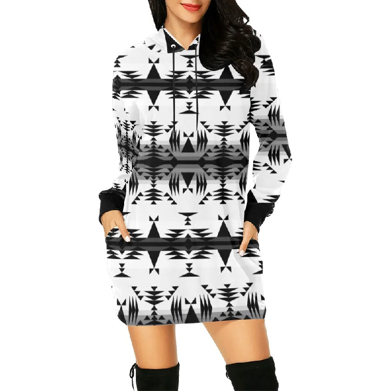 Between the Mountains White and Black Hoodie Dress Hoodie with Rolled Sleeves Casual Relaxed