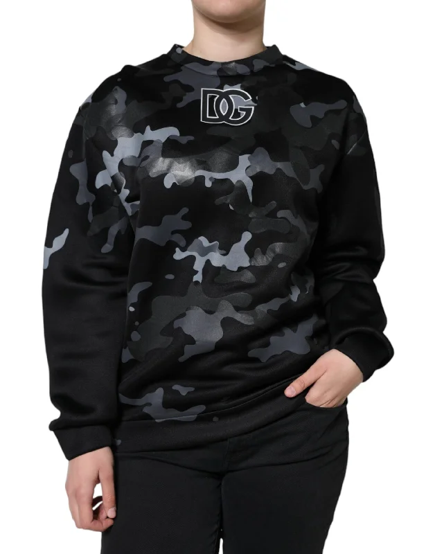 Black Camouflage Round Neck Sweatshirt Sweater Hoodie with Snap Buttons Easy Quick