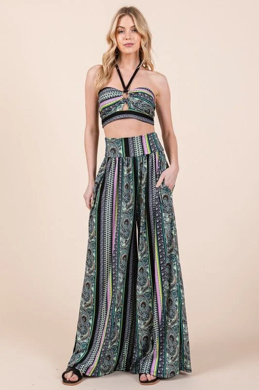 Boho. Print Wide Leg Pants with Pockets Trendy High-Waist Trousers