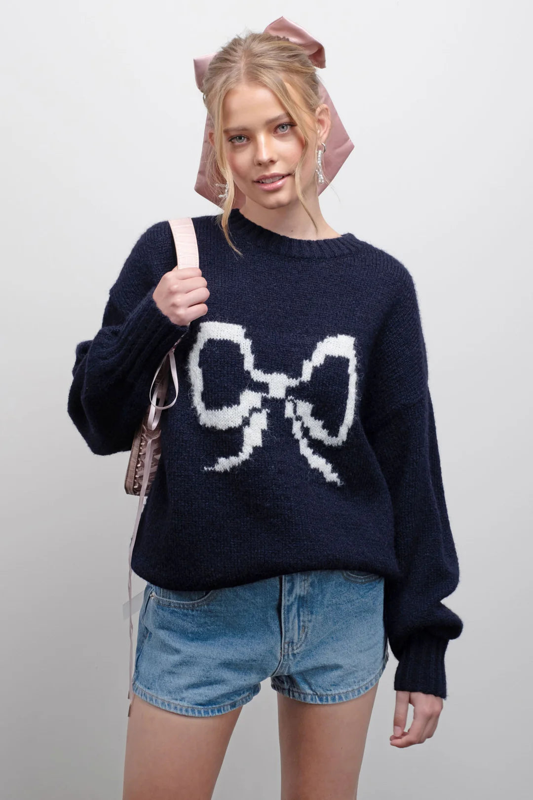 Bow Detail Crew Neck Sweatshirt Hoodie with Hem Embroidery Detailed Premium