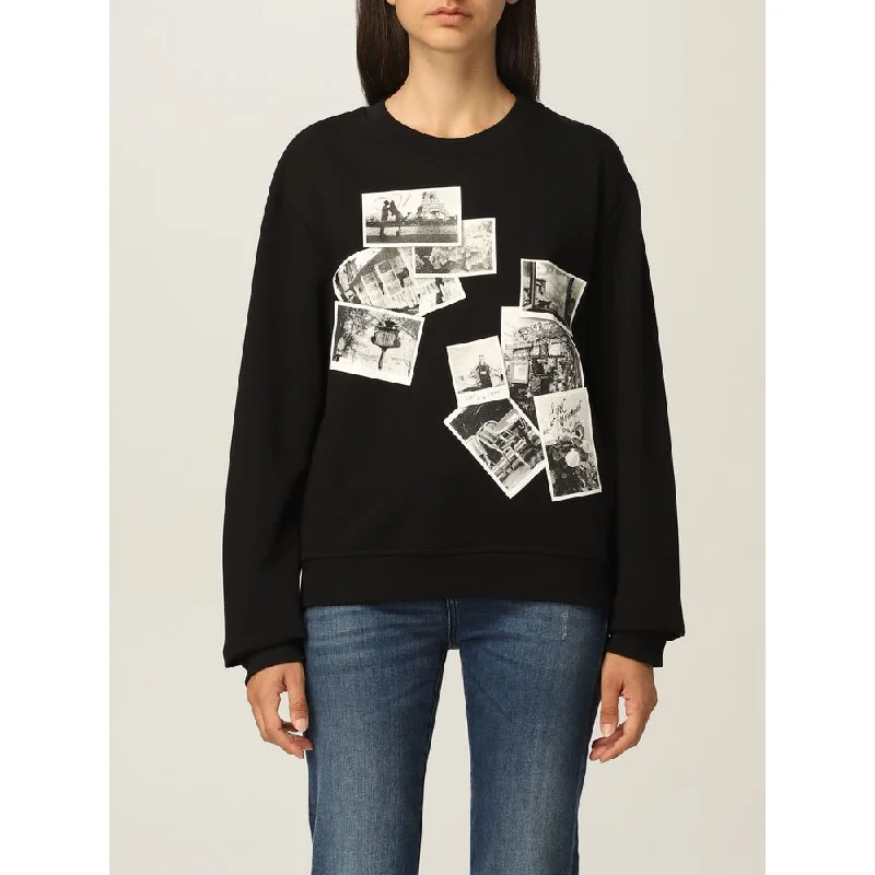 Chic Black Sweatshirt with Designer Emblem Hoodie with Print Artistic Unique