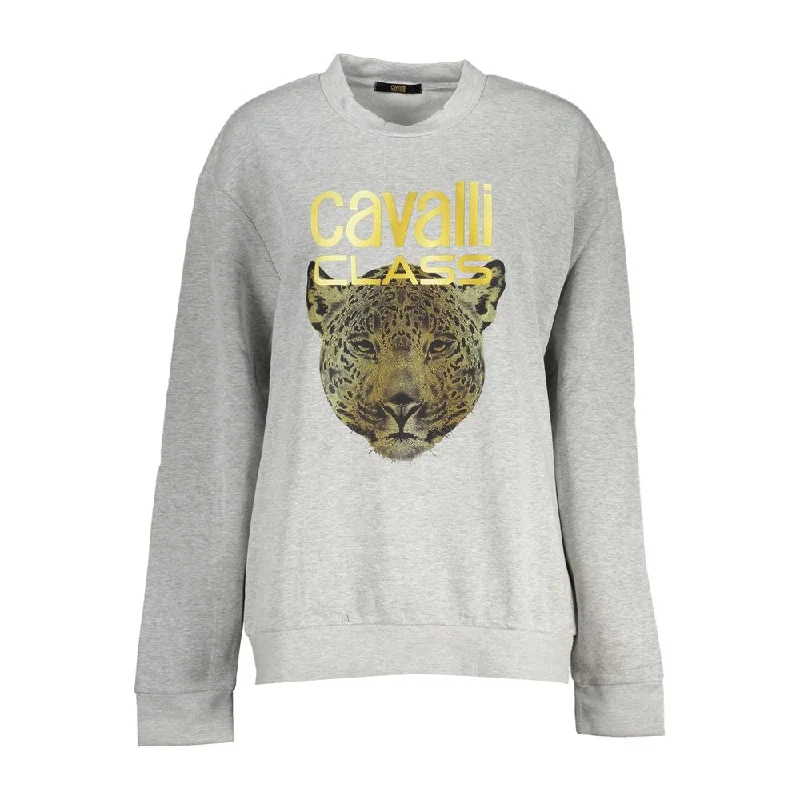 Chic Gray Crew Neck Fleece Sweatshirt Hoodie with Frayed Bohemian Relaxed