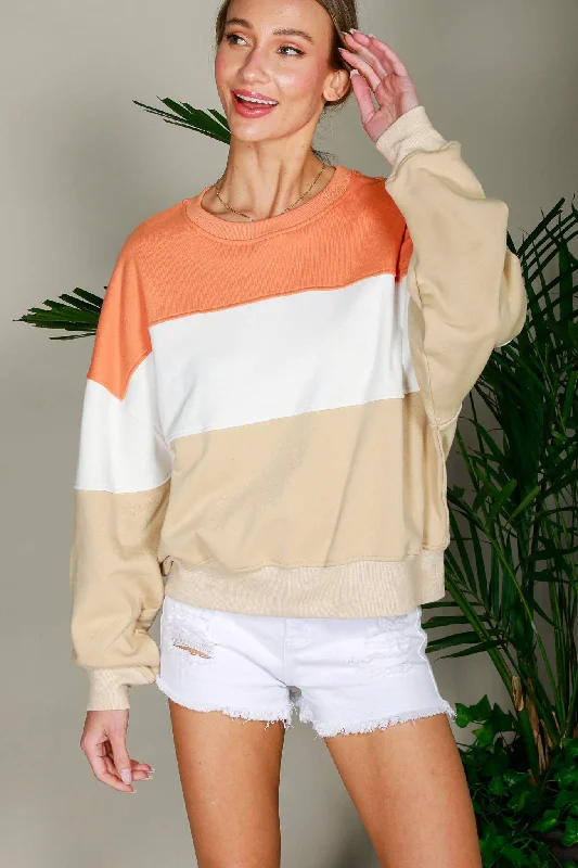 Crew Neck Color Block Oversized Sweatshirt: Orange Hoodie with Frayed Bohemian Relaxed