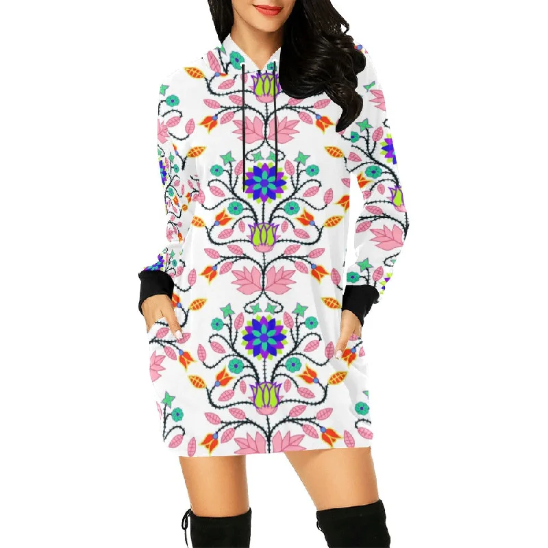 Floral Beadwork Four Clans White Hoodie Dress Hooded Sweatshirt Casual Wear Street Style
