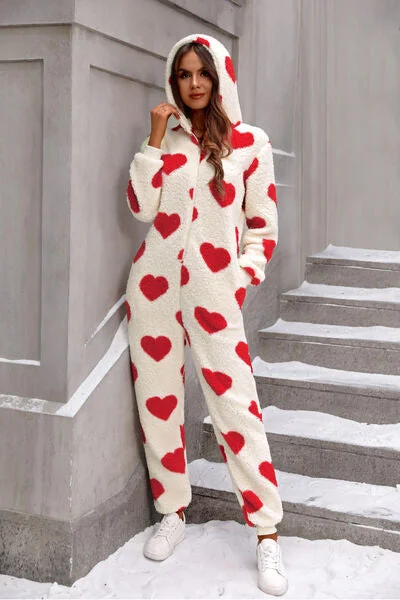 Fuzzy Heart Zip Up Hooded Lounge Jumpsuit Hoodie with Crew Neck Simple Timeless