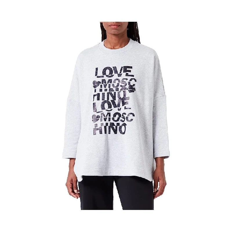 Glittered Cotton Oversized Sweatshirt - Grey Hoodie with Hem Applique Textured Unique
