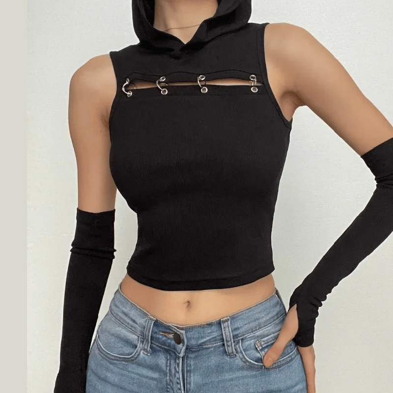 Gloves sleeveless solid hoodie o ring crop top Hoodie with Patch Decorative Personalized Gloves sleeveless solid hoodie o ring crop top Hoodie with Patch Decorative Personalized